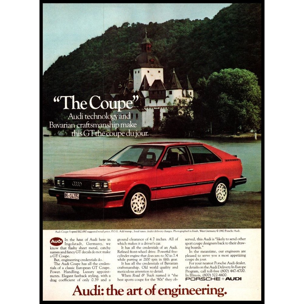 1982  Audi GT Coupe Sports Car Vintage Print Ad Lake Bavarian House Wall Art